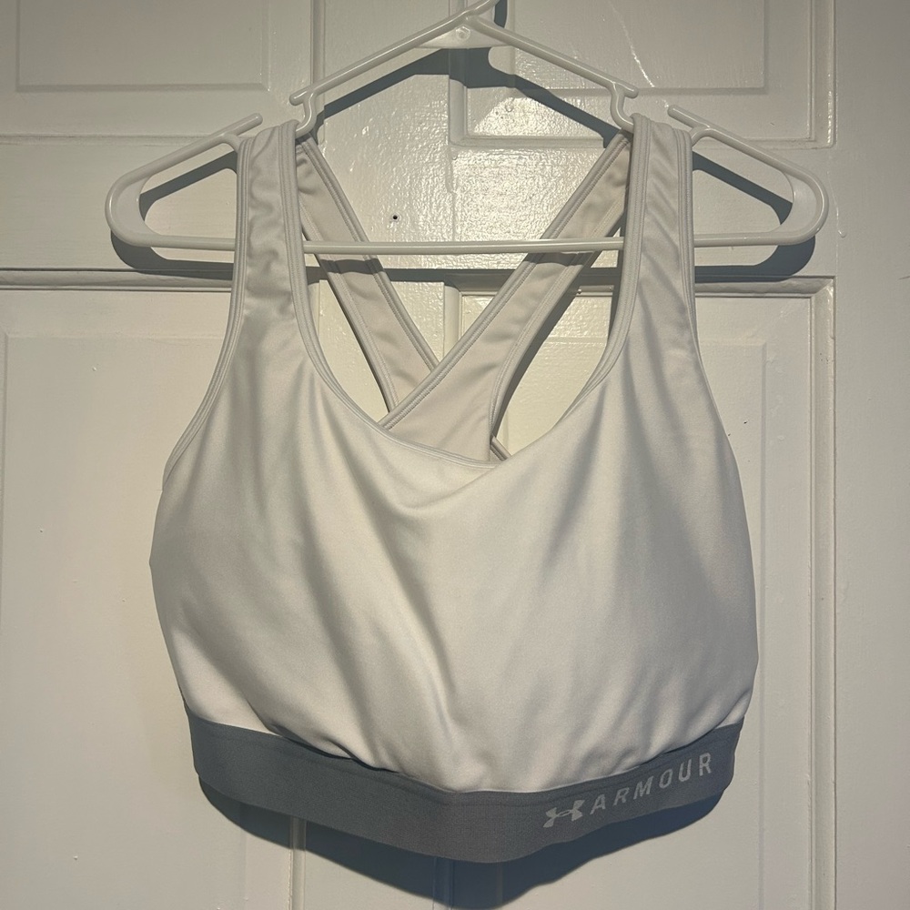 Under Armour White Sports Bra with Gray Elastic Band and Cross-Back